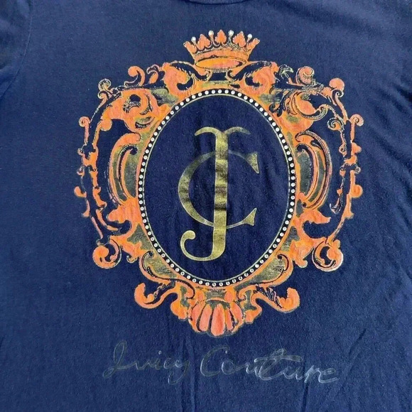 Y2K Juicy Couture Bedazzled Rhinestone Crown Logo Gold Pink Blue T-shirt Size M - Picture 8 of 12